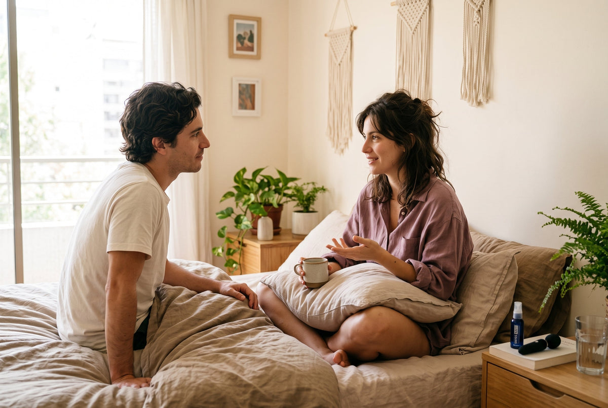 Pareja adulta conversando sentada sobre una cama en una habitación luminosa y acogedora.