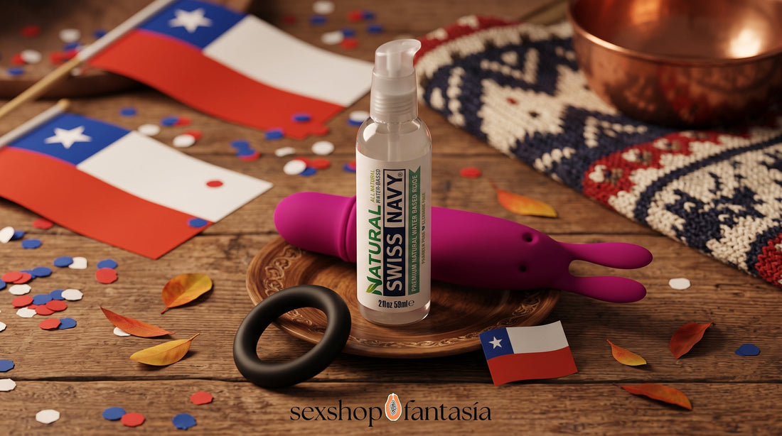 Kit dieciochero Sexshop Fantasía: lubricante Swiss Navy, bala vibradora y anillo con bandera chilena